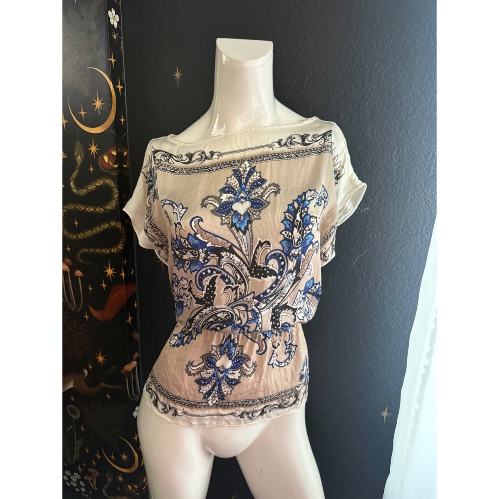 White House Black Market Silk Paisley Scarf Print Blouse Blue Beige XS - Picture 7 of 9